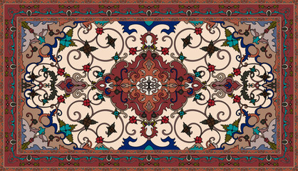 Colorful ornamental vector design for rug, tapis, yoga mat. Geometric ethnic clipart. Arabian ornamental carpet with decorative elements.Persian carpet,