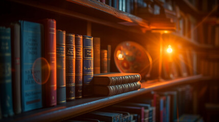 A dramatic sunset casting a golden glow on a bookshelf filled with classic literature, prominently featuring Leo Tolstoy's "War and Peace" as the centerpiece.