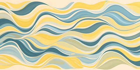 An abstract pattern featuring seamless wavy shapes on a blue background, adorned with light yellow and azure hues. Soft pastel tones. Retro color. 