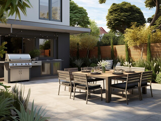 Modern back patio - garden and backyard with seating and place to entertain and cook 