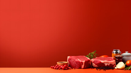 Table Topped With Meat and Vegetables Next to a Red Wall, product presentations
