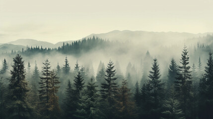 Misty landscape with fir forest in vintage retro style. 
