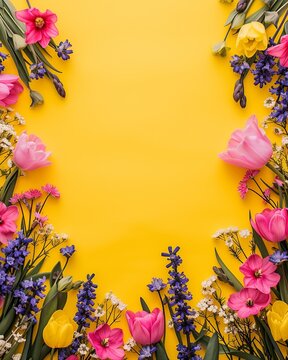 Fototapeta Sunny Floral Border: Colorful Spring on Yellow Background - spring background