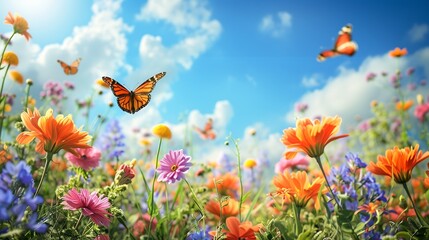Fototapeta na wymiar Vast Meadow of Spring Blooms with Soaring Butterflies - Spring Banner