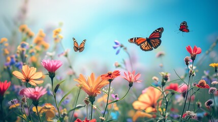 Ethereal Butterflies Fluttering Above Spring Wildflowers - Spring Banner