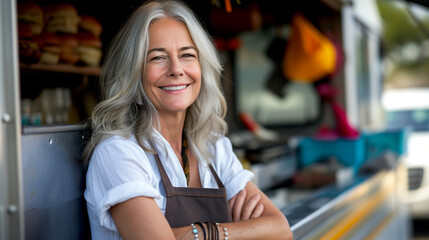 Portrait of confident happy middle aged female smiling small business owner posing near her food truck, copy space.