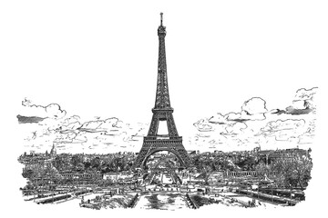Eiffel Tower in Paris, France, ink sketch illustration.