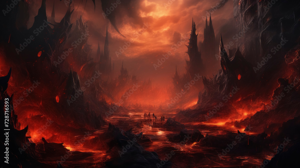 Wall mural Fantasy Landscape with Lava and Warriors