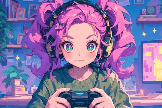 Pixel art style amine teenager girl play with gamepad in vide game