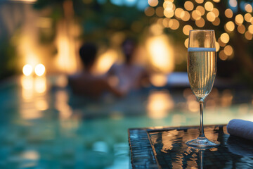 Champagne glass in luxury swimming pool with blurred people on background,