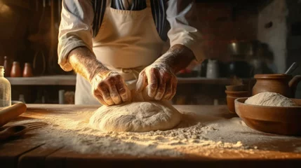 Foto op Canvas detailed scenery dedicated to bread dough, full of details, ingredients on wooden table like flour, salt, water. optimized for 16:9 - HD resolution. Ai generated © The Strange Binder