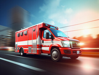 quick response medical ambulance vehicle or truck speeding on the way for accident or health care emergency services concepts as wide banner with infographic information  - obrazy, fototapety, plakaty
