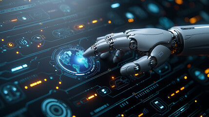 Robotic hand with glowing veins presses futuristic map interface.