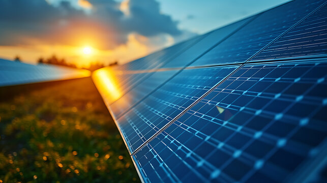 Sunset bathes rows of solar panels in warm light Solar farms are becoming increasingly common around the world 