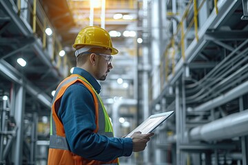 Safety First A Professional Worker in Reflective Vest and Helmet Inspecting Modern Industrial Plant, Holding Tablet