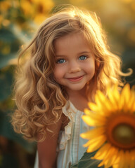 Fototapeta premium Girl with long hair and a sunflower. A beaming young girl with long golden hair stands outdoors, her face adorned with a delicate sunflower as she radiates pure joy and innocence in her bright yellow 