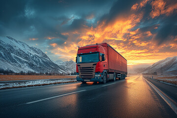 European-type truck driving on the road in sunset time