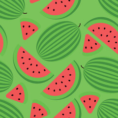 Simple Pattern of Whole and Cut Watermelons in Green Background. Seamless Link.