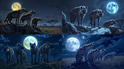 Wandcirkels aluminium A hyena clan on a moonlit scavenging mission © Lala