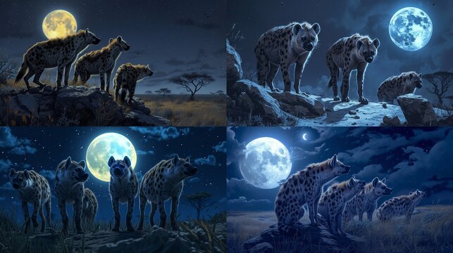 A hyena clan on a moonlit scavenging mission