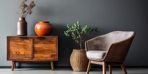 The cozy apartment has stylish home decor, including a brown armchair, colorful baskets, and a rattan sideboard, all against a grey concrete wall.