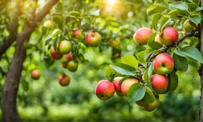 Ripe apple tree in foreground, soft-focus garden