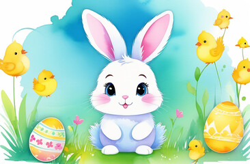 Postcard, clipart, hare in green grass with colorful eggs on a white background, illustration