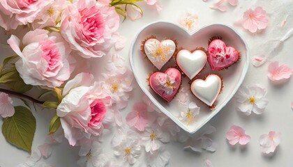 Romantyczne tło z pudełkiem czekoladek w kształcie serca i bukietem różowych kwiatów - obrazy, fototapety, plakaty