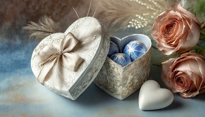 Romantyczne tło z pudełkiem czekoladek w kształcie serca i różami - obrazy, fototapety, plakaty