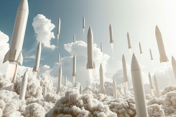 rockets being launched with smoke trail behind them - obrazy, fototapety, plakaty