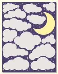 Fototapeta premium Abstract vertical background with night sky, crescent moon, clouds and stars. Template for scraps, ideas, wish lists, notes, feelings, dreams
