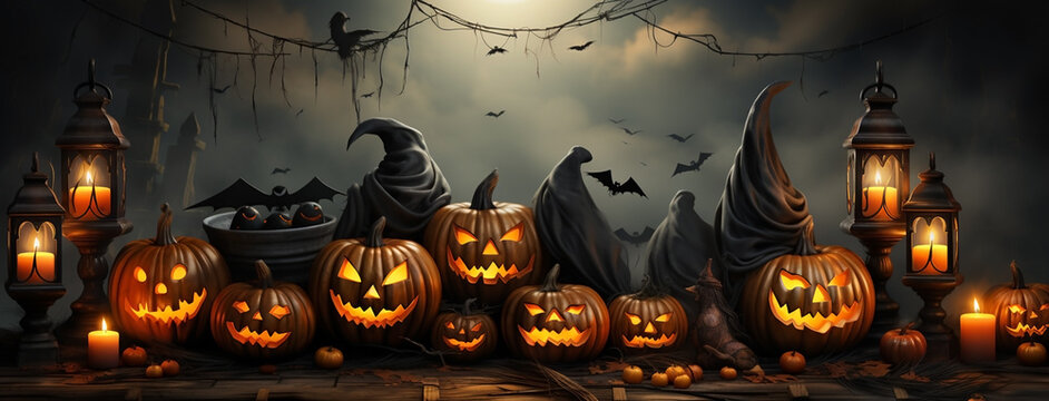 Halloween banners with decorated pumpkin lanterns in night with bats and old trees 