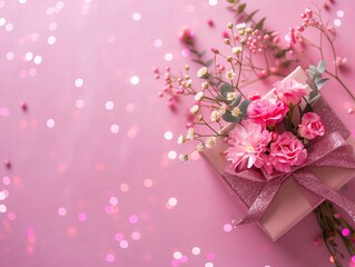 top view Valentine's sweet pink flower  and gift box 