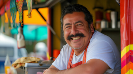 Portrait of happy plump middle aged Mexican chef man smiling near his food truck with copy space. - obrazy, fototapety, plakaty