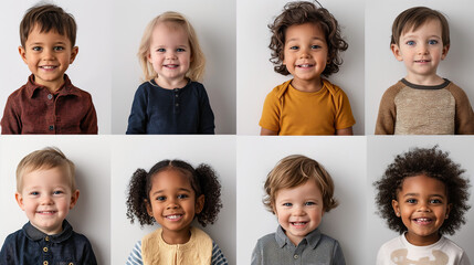 Kindergarten portrait of multiracial smiling different toddler boys and girls. Happy children faces in mosaic collection. Adorable kids diversity concept