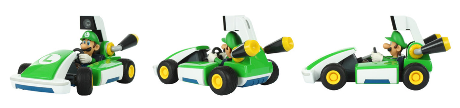 Set of Toy kart from Mariokart Live Home Circuit video game, Luigi set, isolated on transparent background. Mariokart Live Home Circuit is video game developed and published by Nintendo