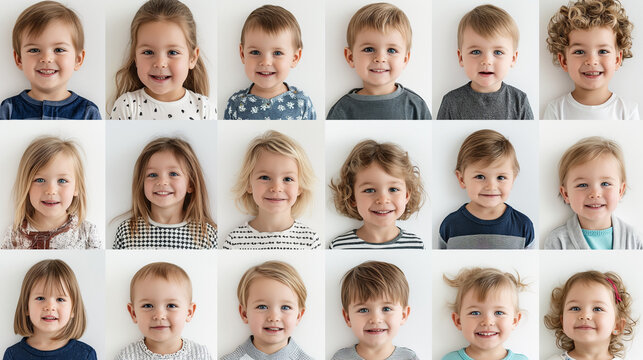 Kindergarten portrait of multiracial smiling different toddler boys and girls. Happy children faces in mosaic collection. Adorable kids diversity concept