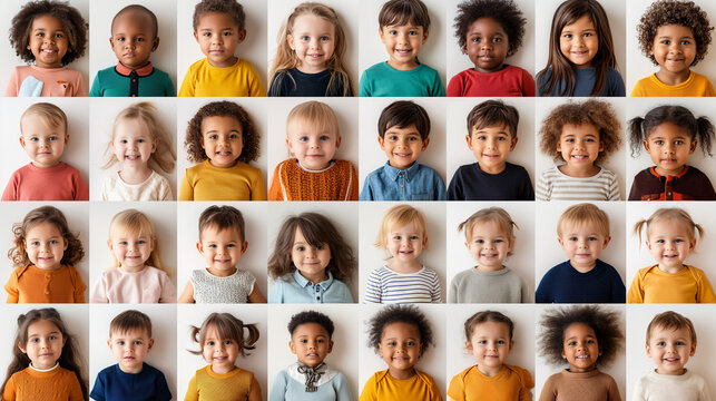 Kindergarten portrait of multiracial smiling different toddler boys and girls. Happy children faces in mosaic collection. Adorable kids diversity concept