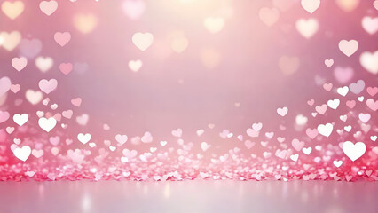 Fototapeta na wymiar Blurred pink heart shaped bokeh lights texture.Valentines Day hearts abstract holiday background. St.Valentine's Day,Love Wedding wallpaper.Banner for design with copy space.AI generated.