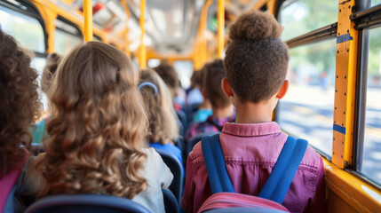 Elementary school students with backpacks sit on a school bus. Happy children are ready to learn. View from the back.
