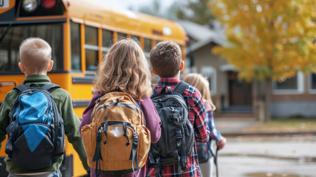 Elementary School Students With Backpacks Go To The School Bus. Happy Children Ready To Learn. Back View.