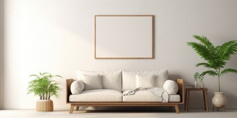 Contemporary living room decor with poster frame, sofa, coffee table, plant, pillow, and accessories.
