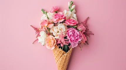 Foto auf Alu-Dibond Waffle cone filled with beautiful flowers on a pink background with copy space for text. View from above. © Evgeniia
