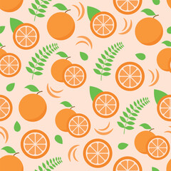 Orange Fruit Pattern - Whole Oranges, Half Oranges and Leaves in Pastel Orange Background. Seamless Link.