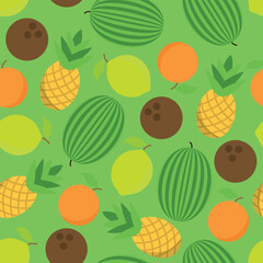 Pattern of Various Summer Fruits - Orange, Lime, Coconut, Pineapple and Watermelon on Green Background. Seamless link.