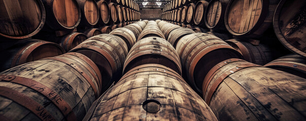 Old traditional wooden wine barrels in storage, lined up in a cool and dark cellar.