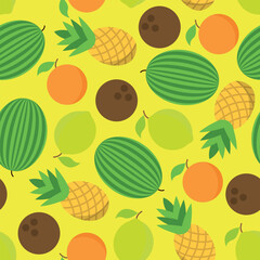Pattern of Various Summer Fruits - Orange, Lime, Coconut, Pineapple and Watermelon on Yellow Background. Seamless link.