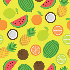 Pattern of Various Summer Fruits - Half and Whole Oranges, Lemons, Coconuts, Pineapples and Watermelons on Yellow Background. Seamless link.