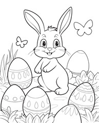 Easter Bunny with Easter egg. Black and white vector illustration for coloring book