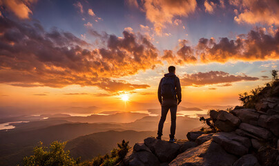 Man standing on a edge overlooking a panoramic sunset